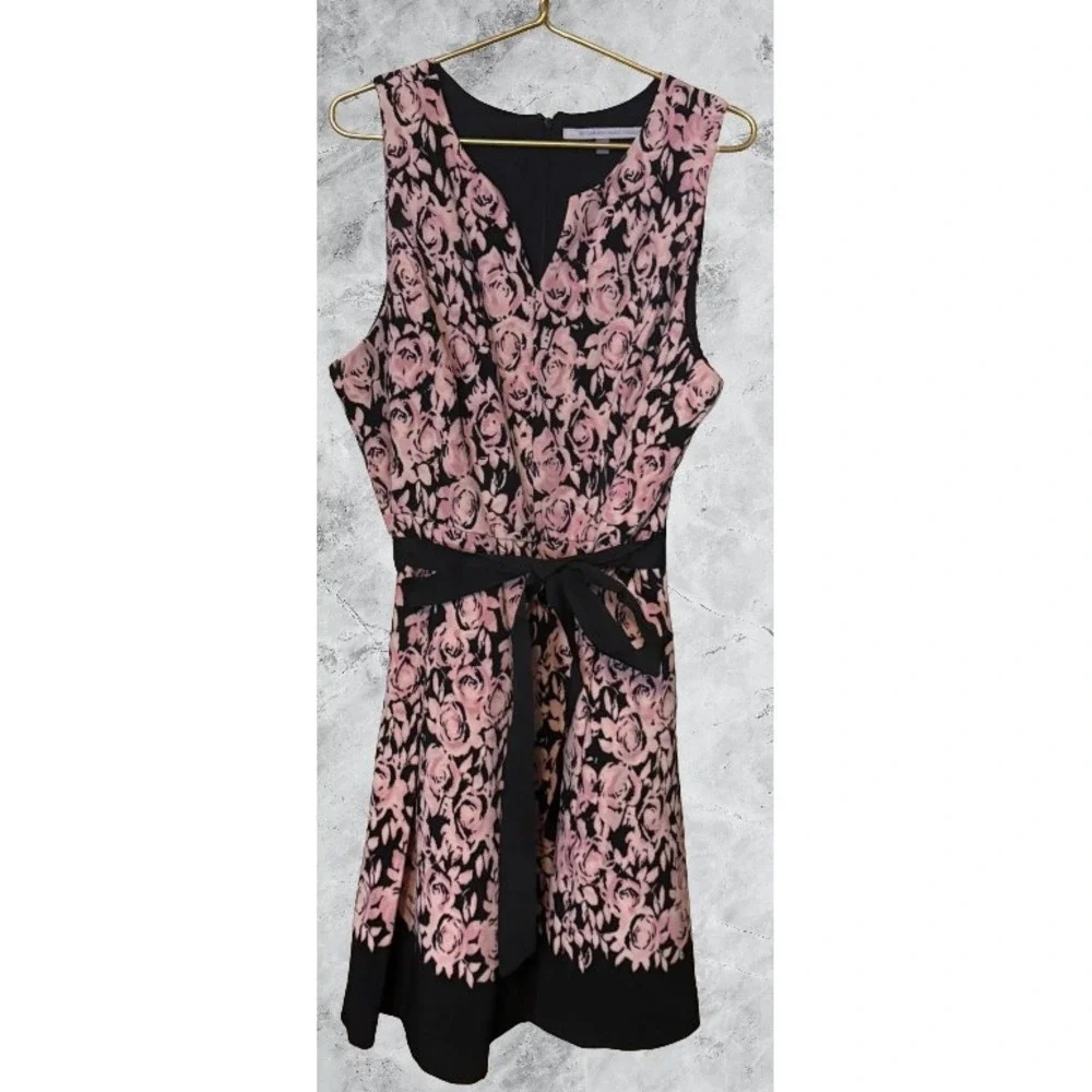 Luxe by Carmen Marc Valvo Pink Black Floral Rose Dress V-Neck Sash 18W Plus Size - Picture 1 of 5